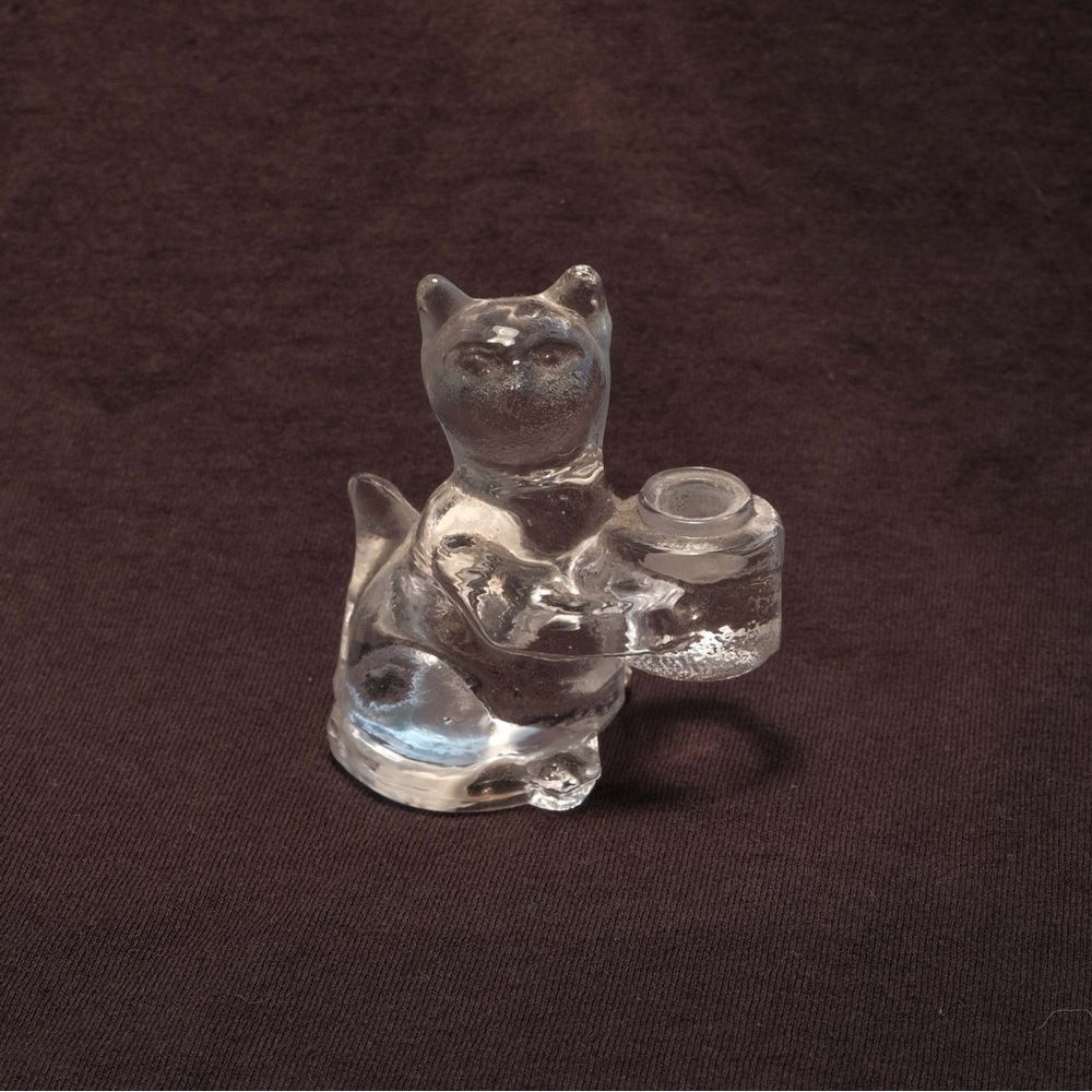 Biedermann Kitty Cat Clear Glass Figurine Mini Taper Candle Holder